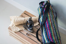 The Wild Guru yoga mat bag. Colorful geometric design. 100% cotton. Adjustable strap.