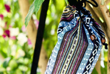 The Wild Guru yoga mat bag. Blue and burgundy geometric design. 100% cotton canvas. 