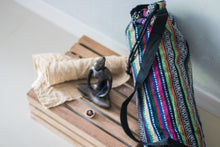 The Wild Guru yoga mat bag. Colorful geometric design. 100% cotton. Adjustable strap.  